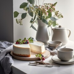 Fototapeta na wymiar Cheesecake, White kitchen. Bright and airy. Food photography