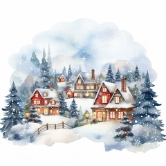 landscape with house in the snow, christmas house scene, pine tree, Countryside watercolor landscape illustration of winter 