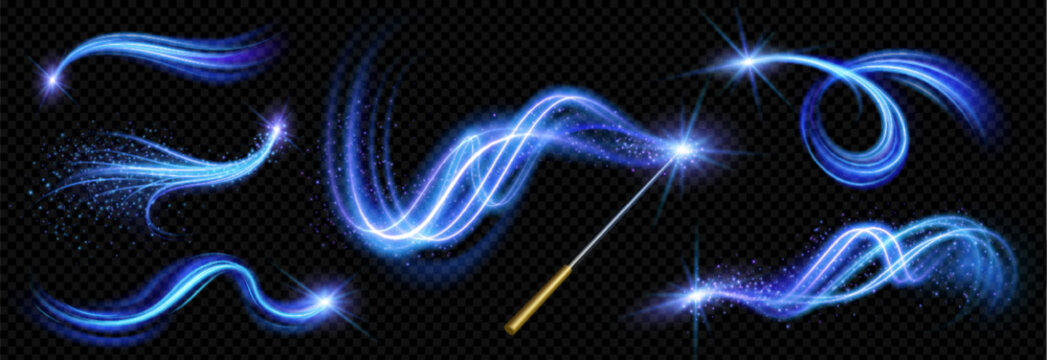 Realistic magic wand with set of blue light vortex effects isolated on transparent background. Vector illustration of luminous lines with shiny glitter particles, magic energy twirl, wizard spell