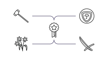 general outline icons set. thin line icons such as sledgehammer, insurance with a button, winning, daisy bouquet, deckchair vector.