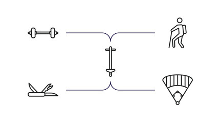 free time outline icons set. thin line icons such as dumbell, trekking, pogo stick, multitool, baseball field vector.