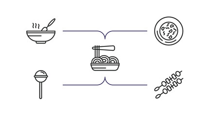food outline icons set. thin line icons such as stew, snow fungus soup, pasta, lollypop, kebab vector.