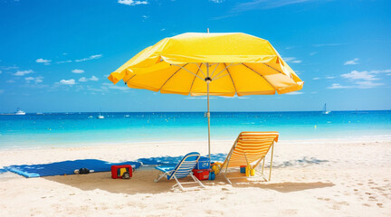 Photo beach with umbrella and beach chair in summer by Generative AI