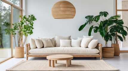 Beautiful cozy interior design of bright living room in boho style with sofa and rattan armchair. Generative AI