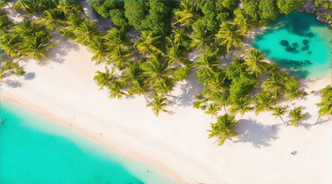 Tranquil beach and palm trees from top view by Generative AI © BornHappy