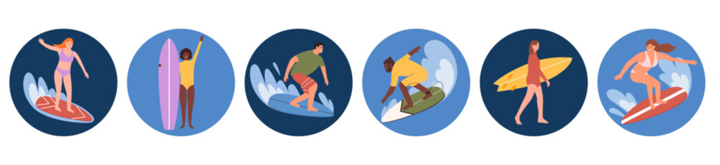 Summer Surfing extreme active sport emblem collection. Different race people surfer in swimwear on surfboard. Vector illustration in flat cartoon style