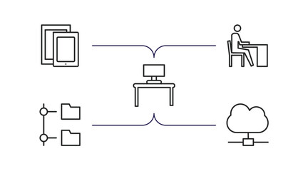computer outline icons set. thin line icons such as responsive de, boss office, work station, connected folder data, cloud network vector.