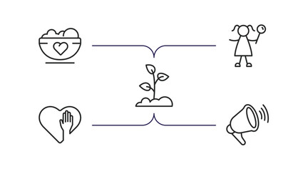 charity outline icons set. thin line icons such as charity food, happy kids, reforestation, voluntary service, loudspeaker vector.