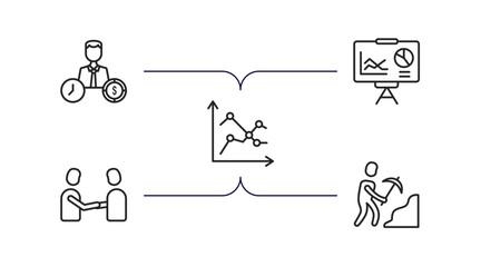 business outline icons set. thin line icons such as worker money time, statistics presentation, line chart statistics, men shaking hands, worker digging a hole vector.