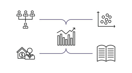 business outline icons set. thin line icons such as increase team work, scatter chart, marketing chart, mortgage and man, story vector.