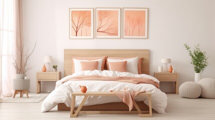 Beautiful cozy white modern bedroom interior with peach decor. Generative AI