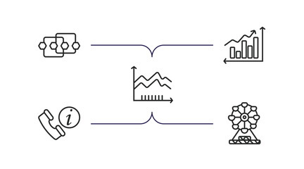 business outline icons set. thin line icons such as points connected chart, profit chart, spike chart, numbered information, big ferris wheel vector.