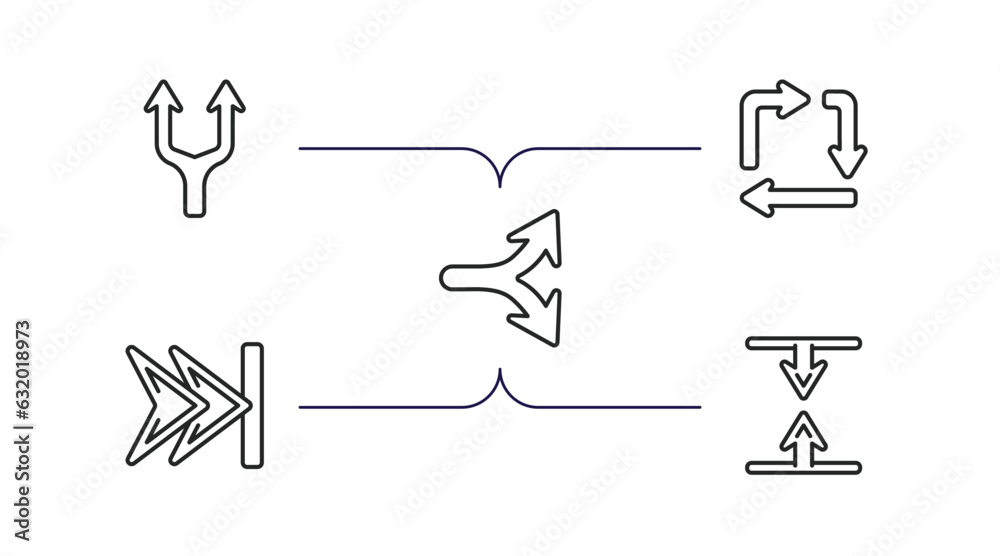 Poster arrows outline icons set. thin line icons such as splitting arrow, square, horizontal split, skip tr