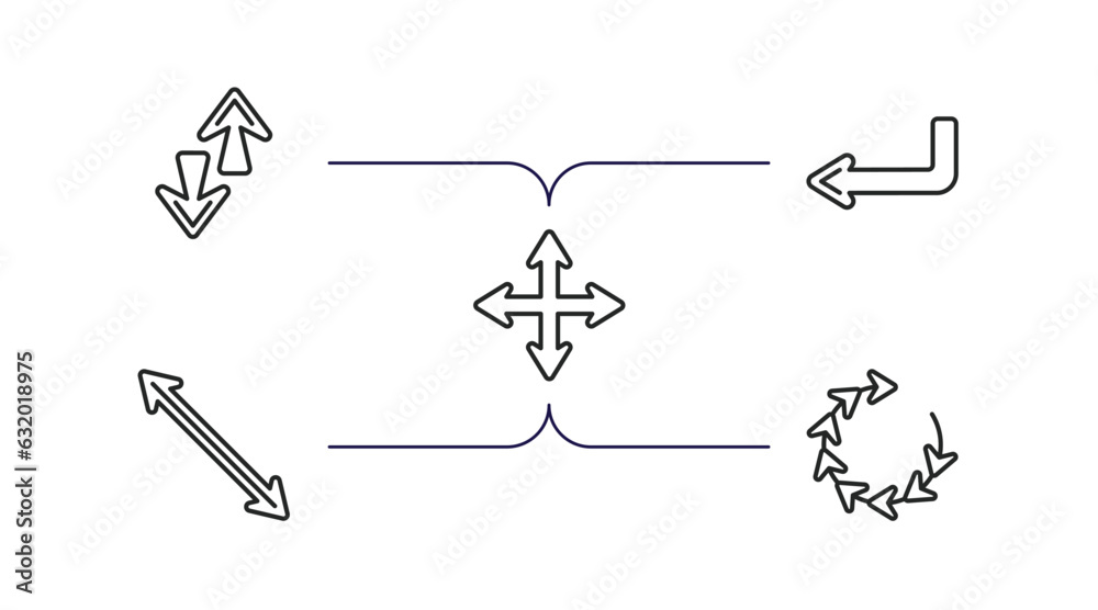 Poster arrows outline icons set. thin line icons such as up and down arrows, left direction, drag, diagonal