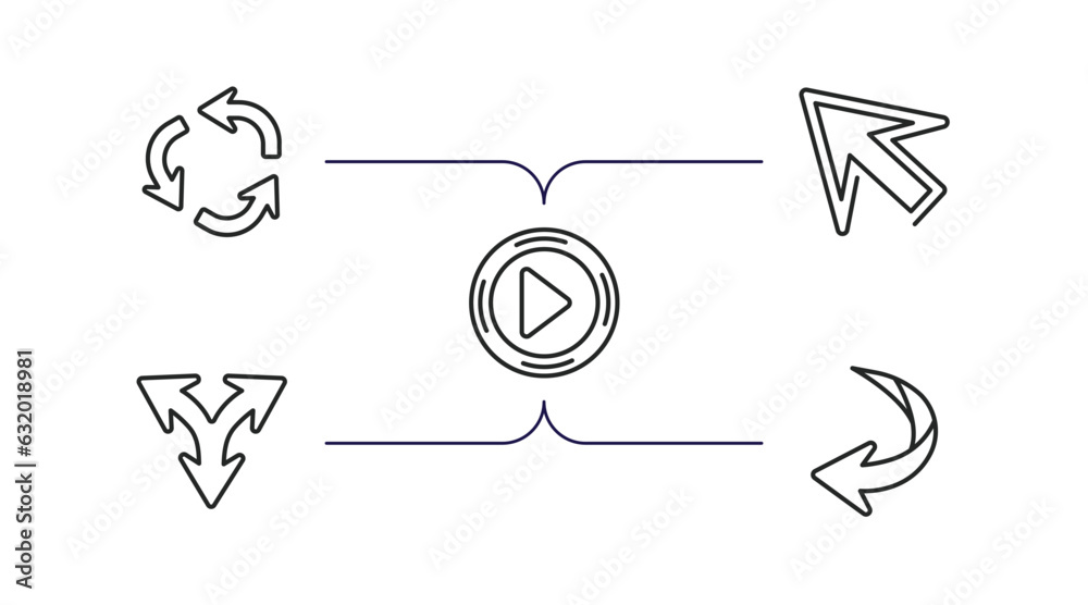 Poster arrows outline icons set. thin line icons such as repeat, diagonal arrows, play button, split triang