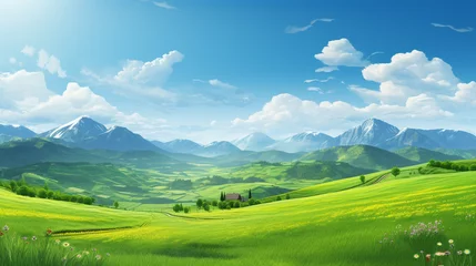 Schilderijen op glas scenery with green field and mountain in a day with blue sky and white cloud. nature landscape cartoon scene.  © piggu