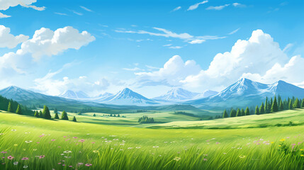 scenery with green field and mountain in a day with blue sky and white cloud. nature landscape cartoon scene. 