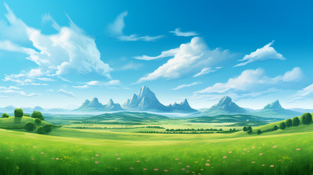 scenery with green field and mountain in a day with blue sky and white cloud. nature landscape cartoon scene. 