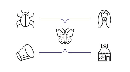 animals outline icons set. thin line icons such as app bug, afghan hound, japanese butterfly, elizabethan collar, pet shop vector.