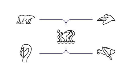 animals outline icons set. thin line icons such as polar bear, crow, kraken, flamingo, fish and a knife vector.