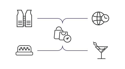airport terminal outline icons set. thin line icons such as lifesaver best, time zones, duty free basket, taxi, martini with olive vector.