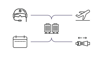 airport terminal outline icons set. thin line icons such as pilot helmet, departures flights, picking luggage, week calendar, airplane security belt vector.
