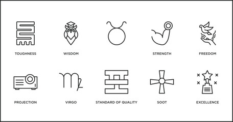 zodiac outline icons set. thin line icons such as , strength, freedom, projection, virgo, standard of quality, soot vector.