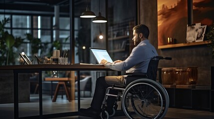 Man sitting in a wheelchair at his workplace and looking at the display