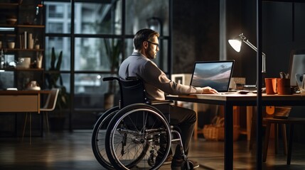 Man sitting in a wheelchair at his workplace and looking at the display