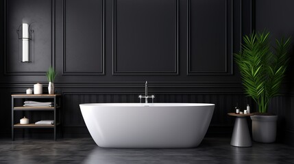 Naklejka na ściany i meble Modern bathroom interior with white bathtub and chic vanity, black walls, parquet floor
