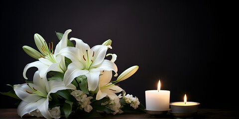 Beautiful lilies and burning candle on dark background with space for text
