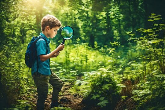A little child with magnifying glass exploring the nature generated by AI tool