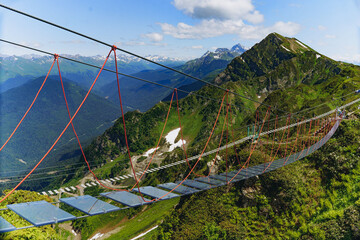 rope suspension bridge in caucasus mountains, Russia, Rosa Khutor resort