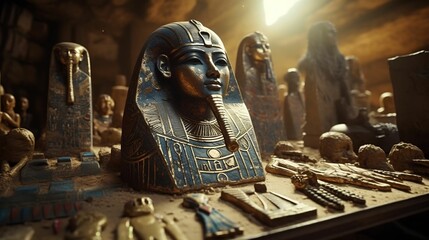 Ancient Egyptian Artifacts and Pharaoh statues in a tomb - obrazy, fototapety, plakaty