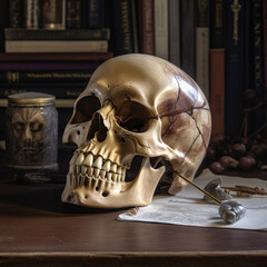 Human Skull Replica with Medical Instruments and Books (Generative AI)

