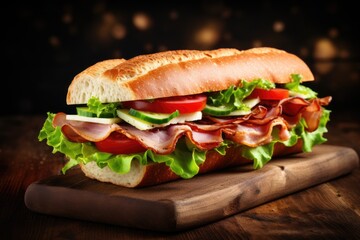 Sandwich with prosciutto, tomato and salad on a wooden rustic background.