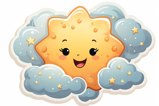 Weather themed sticker with sun on white background