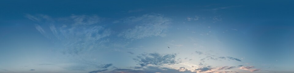 Fototapeta premium Sunset sky panorama with bright glowing pink Cirrus clouds. Seamless hdr 360 panorama in spherical equirectangular format. Full zenith for 3D visualization, sky replacement for aerial drone panoramas