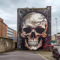 Skull-Shaped Graffiti Art on City Wall (Generative AI)

