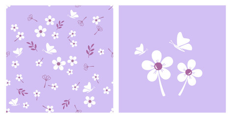 Seamless pattern with white flower, branch and butterfly cartoons on purple background vector illustration.