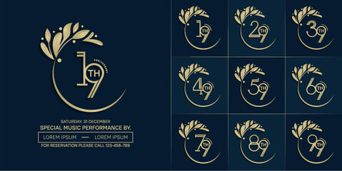 set of anniversary logotype golden color with swoosh and ornament for special celebration event