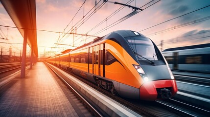 Naklejka premium High speed orange train in motion on the railway station at sunset. Modern intercity passenger train with motion blur effect on the railway platform. Industrial. Railroad in Europe. generative ai