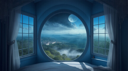 Window in room with surreal and mystical view by Generative AI