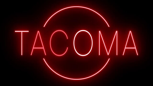 Red flickering and blinking animated neon sign for the city of Tacoma