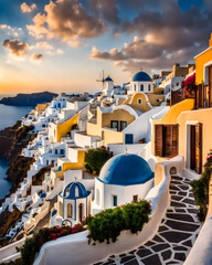 street view of town in Santorini island in Greece at sunset -- Greek architecture - Generative AI