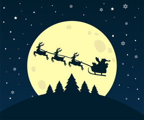 Santa in a reindeer sleigh in the sky against the backdrop of a large yellow moon.Greeting card Merry Christmas and Happy New Year. Vector