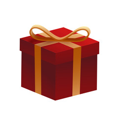 Vector red present box with gold bow for holiday or gifting action.