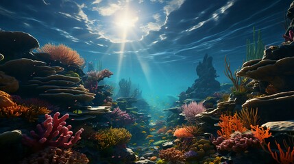 Underwater world with fish and corals. Underwater view of mari fishes and plants. AI generated - obrazy, fototapety, plakaty