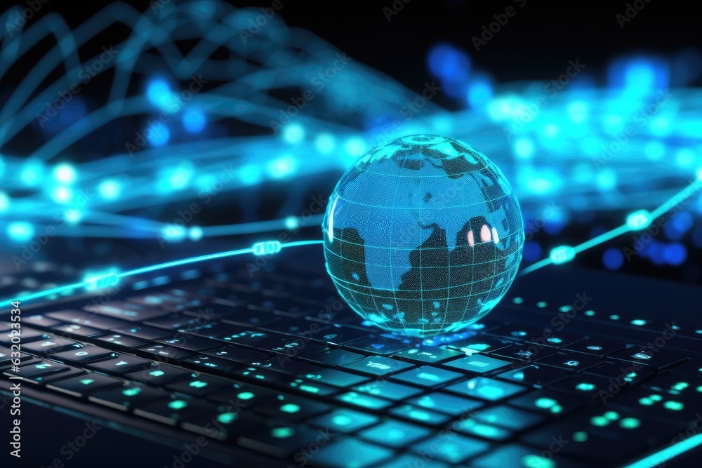 Poster Glass global with network on keyboard and web fiber optic
