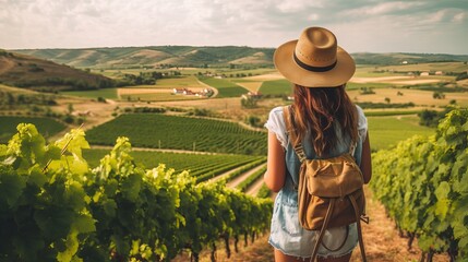 Woman tourist in straw hat admirin green vineyard